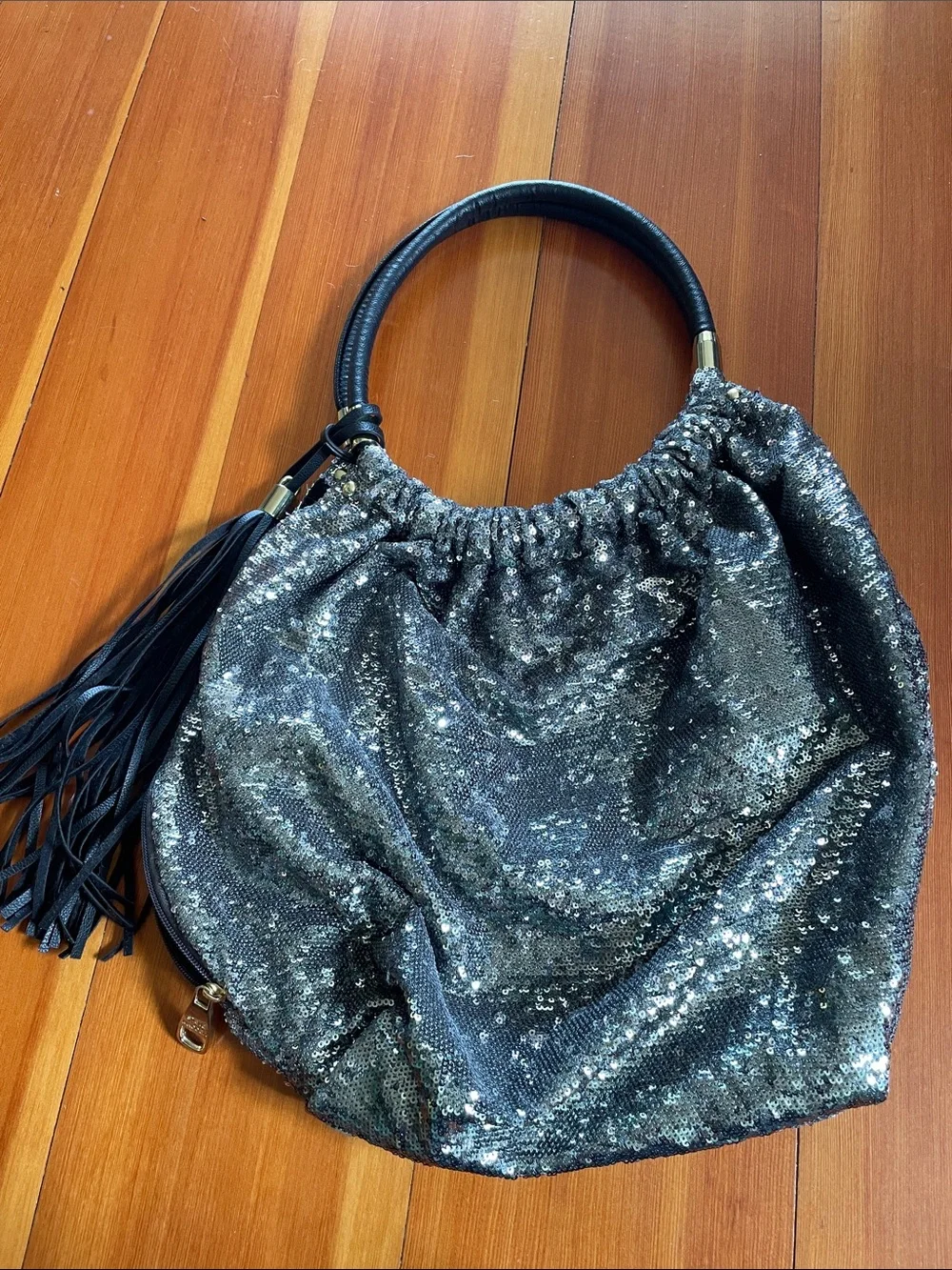 Steve Madden Black Sequin Hobo with Tassel Handle